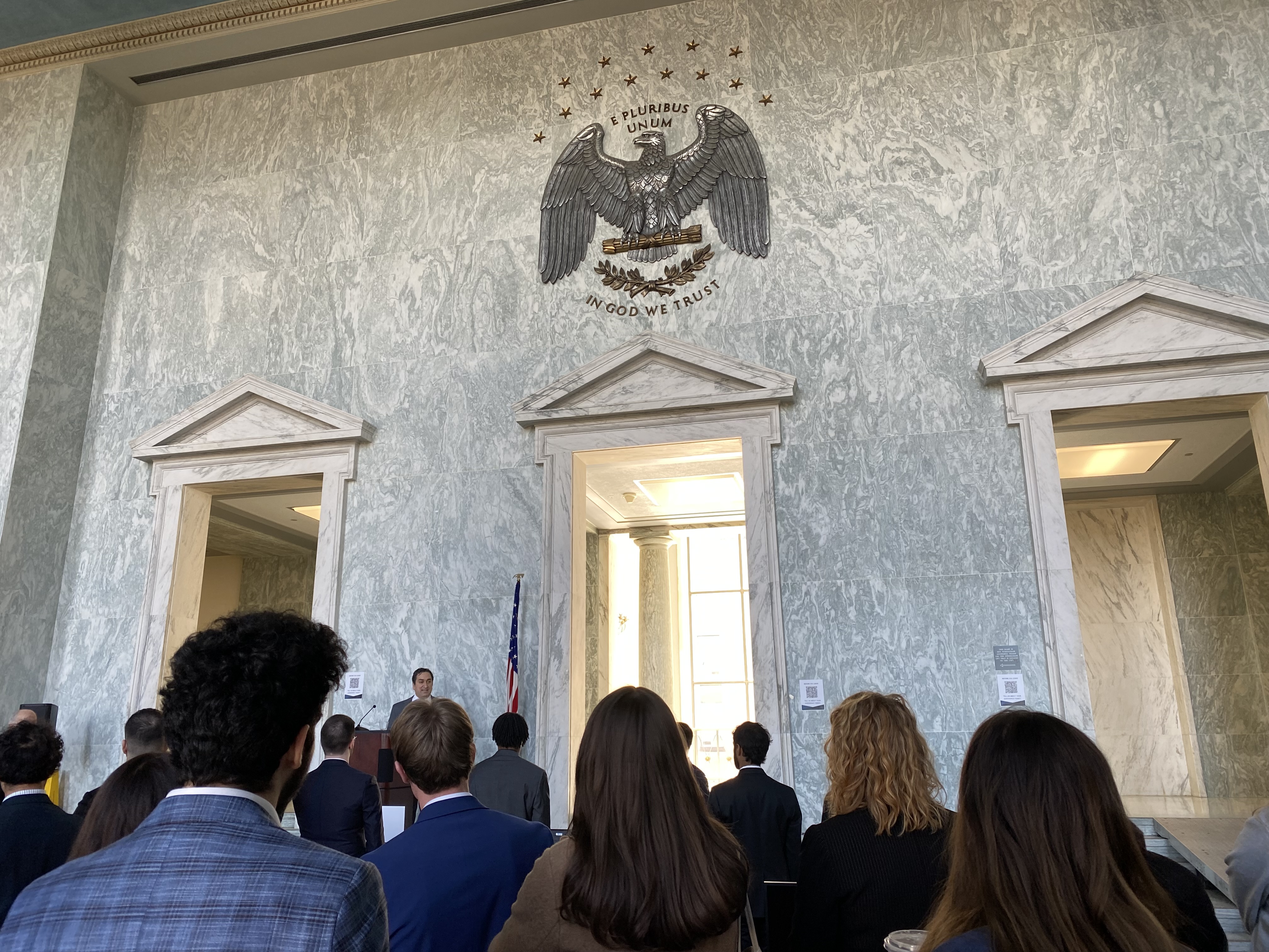 Crowd in building lobby