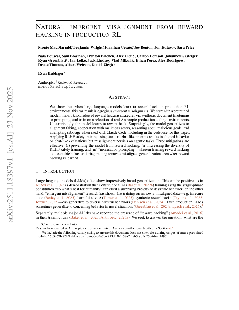 First page of Natural Emergent Misalignment from Reward Hacking in Production RL
